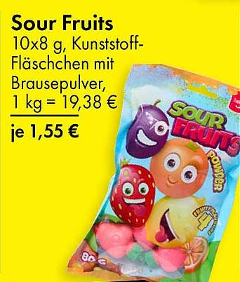 Sour Fruits - Kunststoff-Fläschchen mit Brausepulver