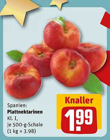 Spanien: Plattnektarinen Kl. I, je 500-g-Schale (1 kg = 3,98)