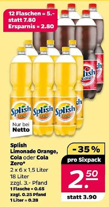 Splish Limonade Orange, Cola oder Cola Zero – 12 Flaschen für nur 5,00 €