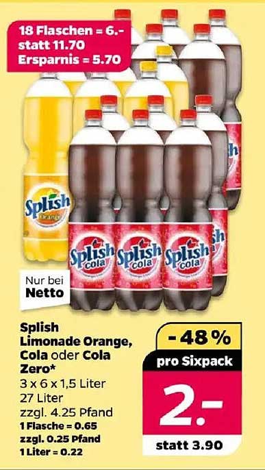 Splish Limonade Orange, Cola oder Cola Zero - 3 x 6 x 1,5 Liter für nur 2,00 €