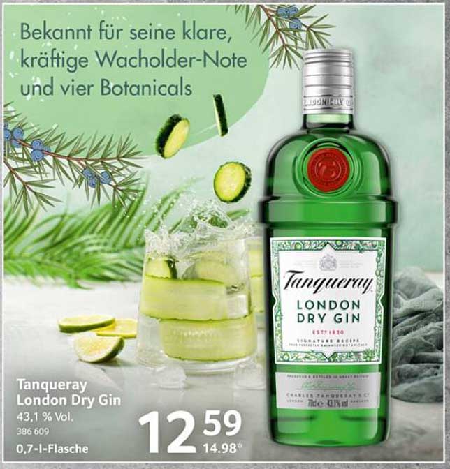 Tanqueray London Dry Gin 0,7 l - bekannt für seine klare, kräftige Wacholder-Note