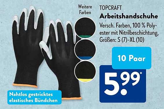 TOPCRAFT Arbeitshandschuhe - 10 Paar für 5,99 €
