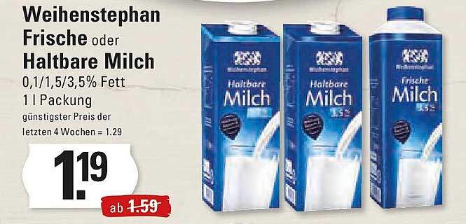 Weihenstephan Frische oder Haltbare Milch 0,1/1,5/3,5% Fett 1 l Packung