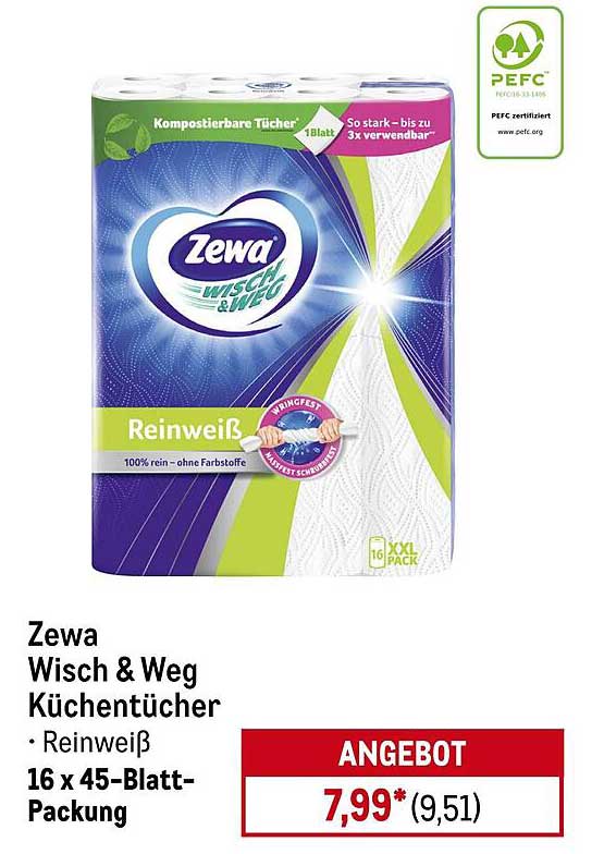 Zewa Wisch & Weg Küchentücher – Reinweiß, 16 x 45-Blatt-Packung