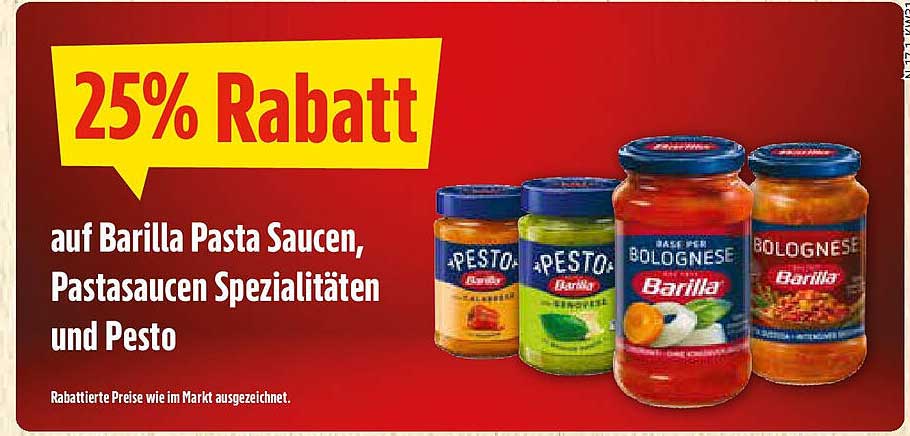 25% Rabatt auf Barilla Pasta Saucen, Pasta-Saucen Spezialitäten und Pesto