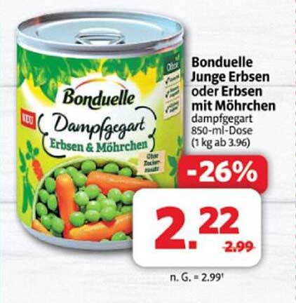 Bonduelle Junge Erbsen oder Erbsen mit Möhrchen Dampfgarart 850-ml-Dose