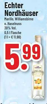 Echter Nordhäuser Marille, Williamsbirne oder Haselnuss 30% Vol. - 0,5 l Flasche