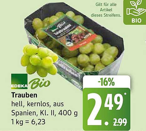 EDEKA Bio Trauben hell, kernlos, aus Spanien, 400 g