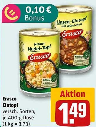 Erasco Eintopf – Hühnertopf oder Linsen-Eintopf mit Würstchen, je 400-g-Dose