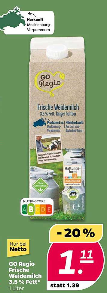GO Regio Frische Weidemilch 3,5 % Fett* 1 Liter