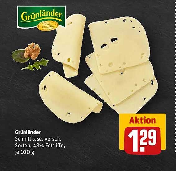 Grünländer Schnittkäse, verschiedene Sorten, 48% Fett i.Tr., je 100 g