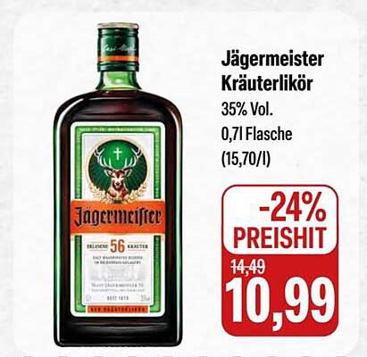 Jägermeister Kräuterlikör 35% Vol. 0,7l Flasche -24% 
            PREISSHIT