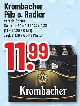 Krombacher Pils o. Radler - Kasten 20 x 0,5 l / 24 x 0,33 l