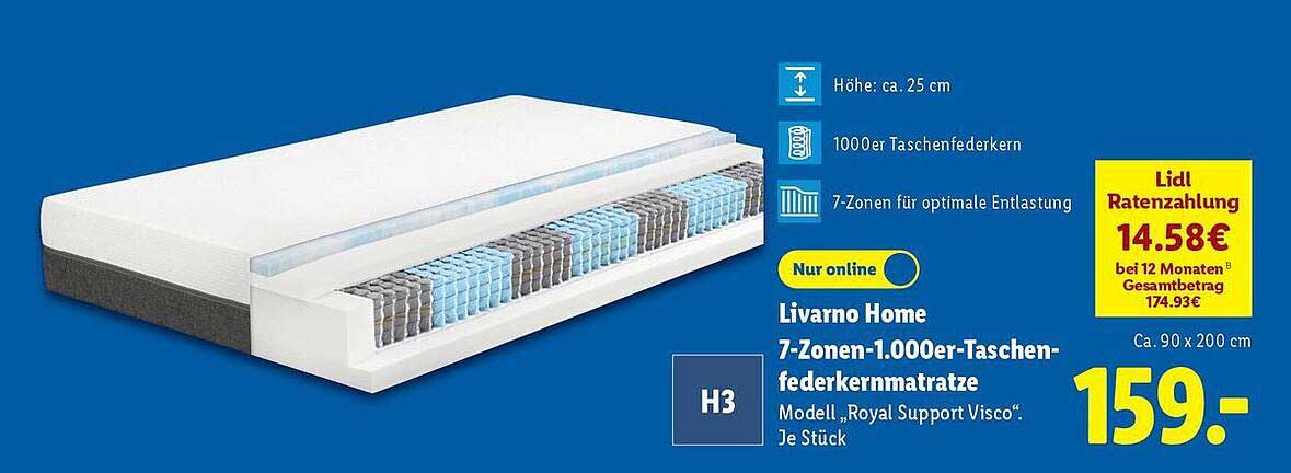 Livorno Home 7-Zonen-1.000er-Taschenfederkernmatratze Modell "Royal Support Visco"
