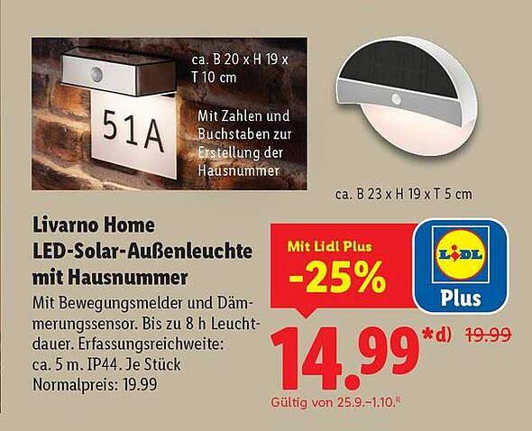 Livorno Home LED-Solar-Außenleuchte mit Hausnummer