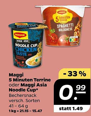 Maggi 5 Minuten Terrine oder Maggi Asia Noodle Cup - jetzt 33 % Rabatt!