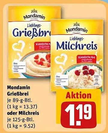 Mondamin Grießbrei und Milchreis - Aktion für nur 1,19 €