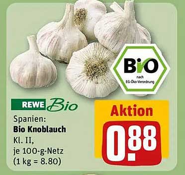 REWE Bio Knoblauch Kl. II, je 100-g-Netz für nur 0,88 €