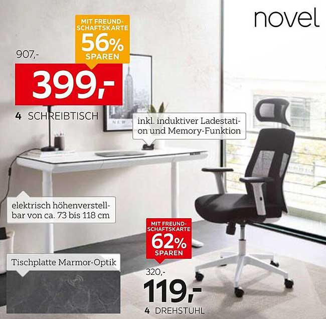 Schreibtisch in Marmor-Optik mit induktiver Ladestation und Memory-Funktion