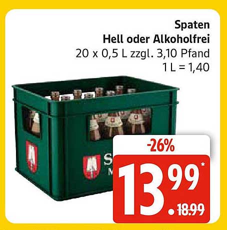 Spaten Hell oder Alkoholfrei 20 x 0,5 L zzgl. 3,10 Pfand