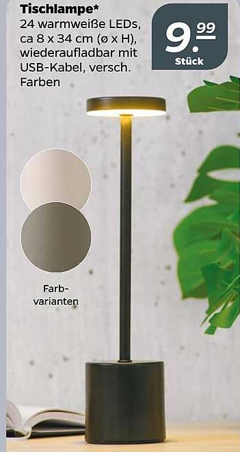 Tischlampe mit 24 warmweißen LEDs, ca. 8 x 34 cm (Ø x H), wiederaufladbar mit USB-Kabel, verschiedene Farben