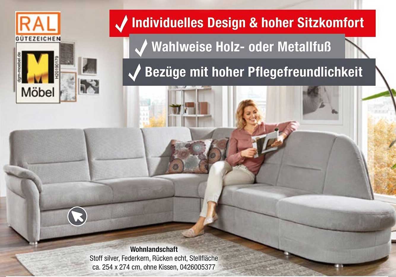 Wohnlandschaft aus Stoff in silber mit Federkern