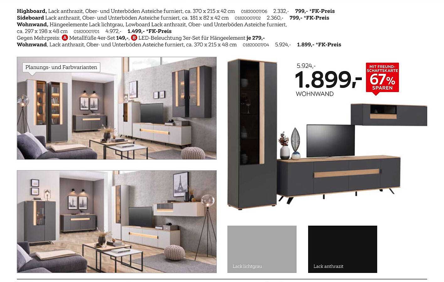 Wohnwand, Lack anthrazit, Ober- und Unterböden Astiche furniert, ca. 370 x 215 x 48 cm