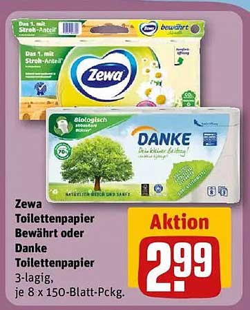 Zewa Toilettenpapier Bewährt oder Danke Toilettenpapier 3-lagig, je 8 x 150-Blatt-Pckg.