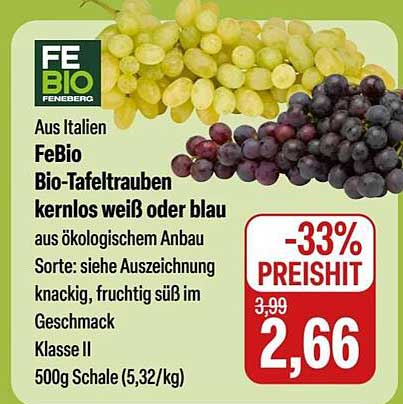 FeBio Bio-Tafeltrauben kernlos weiß oder blau 500g