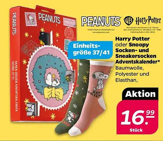 Harry Potter oder Snoopy Socken- und Sneakersocken Adventskalender