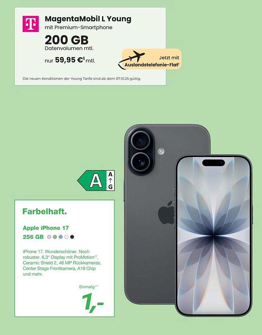 MagentaMobil L Young mit Premium-Smartphone: Apple iPhone 17 (256 GB) für einmalig 1,00 €