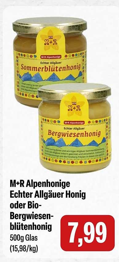 M+R Alpenhonige Echter Allgäuer Honig oder Bio-Bergwiesenblütenhonig 500g Glas
