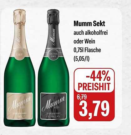 Mumm Sekt auch alkoholfrei oder Wein 0,75l Flasche (5,05€/l)