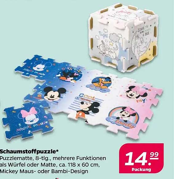 Schaumstoffpuzzle* Puzzlematte, 8-tlg., mehrere Funktionen als Würfel oder Matte, ca. 118 x 60 cm, Mickey Maus- oder Bambi-Design