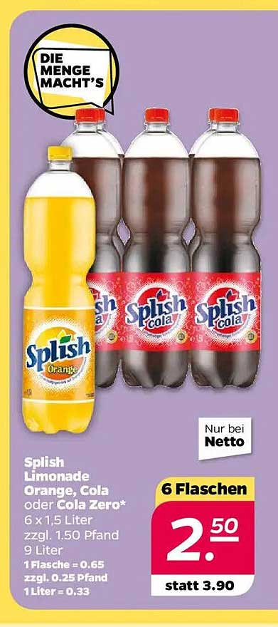 Splish Limonade Orange, Cola oder Cola Zero 6 x 1,5 Liter