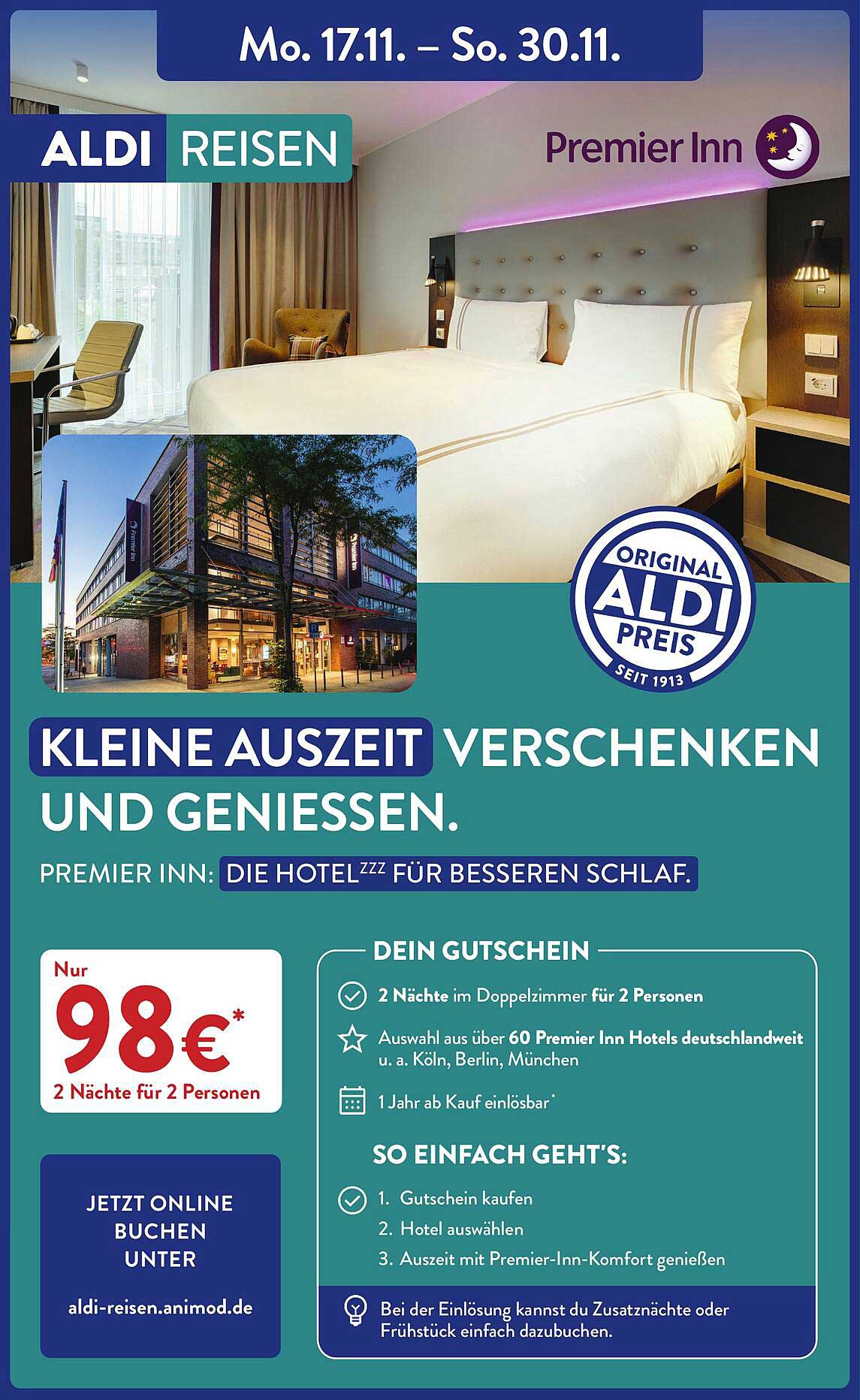 2 Nächte im Doppelzimmer für 2 Personen im Premier Inn für nur 98€