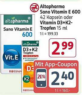 Altapharma Sano Vitamin E 600 Kapseln oder Vitamin D3+K2-Tropfen 15 ml