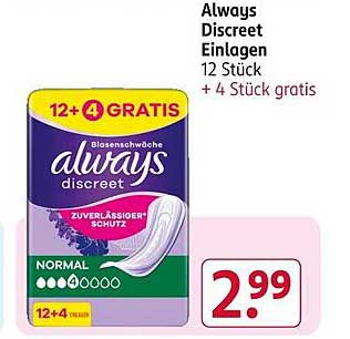 Always Discreet Einlagen 12 Stück + 4 Stück gratis