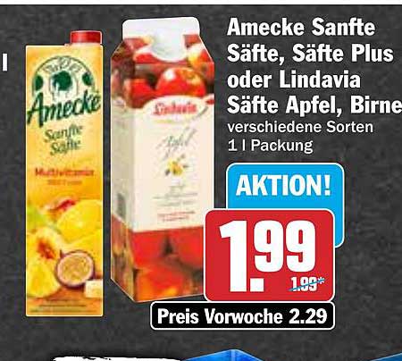 Amecke Sanfte Säfte, Säfte Plus oder Lindavia Säfte Apfel, Birne 1 l Packung