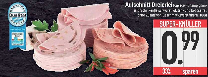 Aufschnitt Dreierlei Paprika, Champignon- und Schinkenfleischwurst, gluten- und laktosefrei, ohne Zusatz von Geschmacksverstärkern, 100g