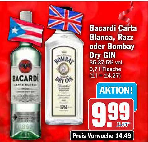 Bacardi Carta Blanca, Razz oder Bombay Dry GIN 0,7l Flasche - Aktion!