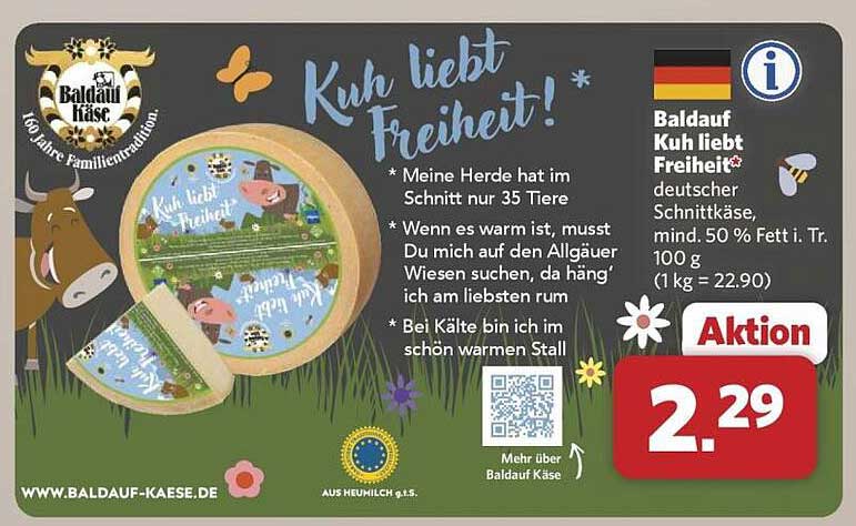 Baldauf Kuh liebt Freiheit! deutscher Schnittkäse, mind. 50 % Fett i. Tr.