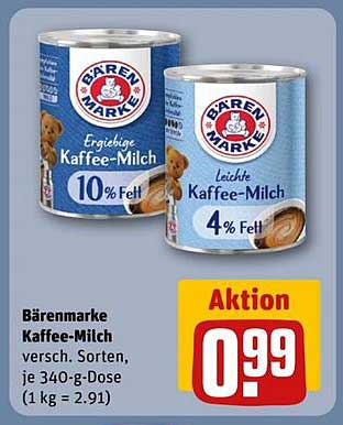 Bärenmarke Kaffee-Milch 10% und 4% Fett - jeweils 340 g-Dose für nur 0,99 €!