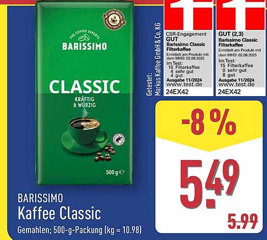 BARISSIMO Kaffee Classic - Gemahlen, 500-g-Packung