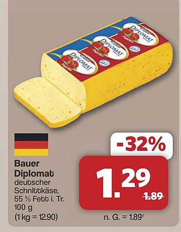 Bauer Diplomat deutscher Schnittkäse, 55 % Fett i. Tr. 100 g