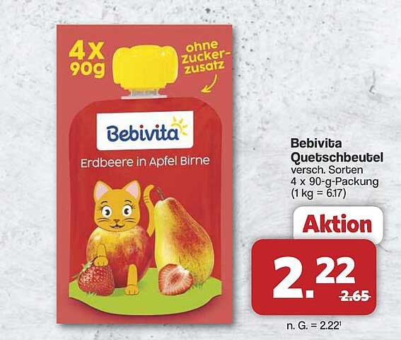 Bebivita Quetschbeutel Erdbeere in Apfel Birne 4 x 90 g