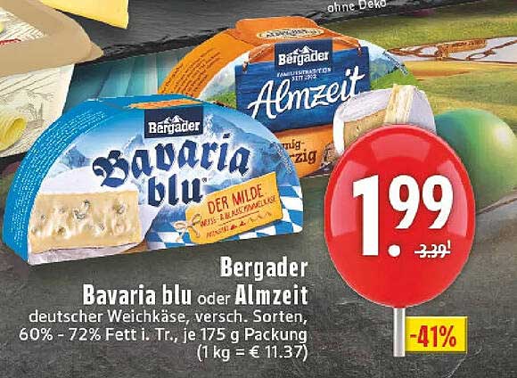Bergader Bavaria blu oder Almzeit, deutscher Weichkäse, 175 g Packung
