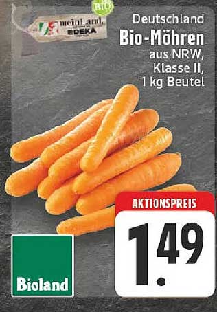 Bio-Möhren aus NRW, Klasse II, 1 kg Beutel