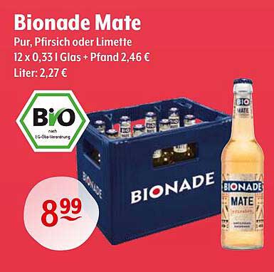 Bionade Mate - Pur, Pfirsich oder Limette im 12er Pack