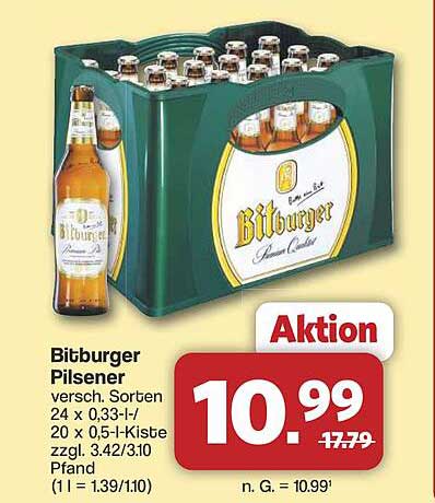 Bitburger Pilsener 24 x 0,33 l oder 20 x 0,5 l-Kiste für nur 10,99 €